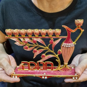 Hanukia Menorah 9 branches Hanukka special enamel heavy Jerusalem design