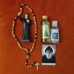 St. Charbel Resin Statue icon 13 cm+ Olive wood rosary cross icon,Anointing oil Cedar of Lebanon oil 100 ml,+Holy water 50 ml+ card