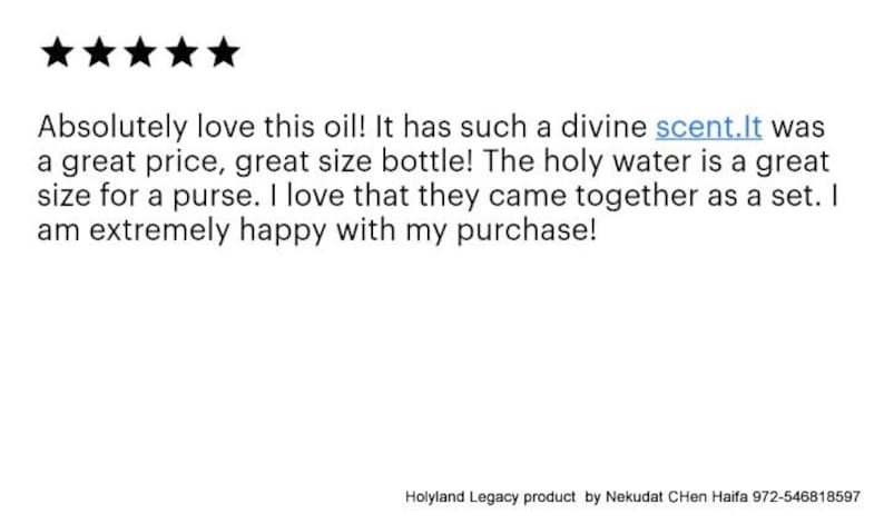 May include: Five-star review of a product with the text "Absolutely love this oil! It has such a divine scent.It was a great price, great size bottle! The holy water is a great size for a purse. I love that they came together as a set. I am extremely happy with my purchase!"