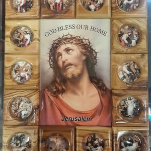 Icône de Jésus-Christ faite à la main en bois d'olivier avec 14 stations de la plaque de décoration murale en croix, 11 pouces, 28 cm