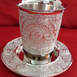 Shabbat Kos Kiddush Cup Silver tone Jerusalem decoration set Holyland Legacy brand