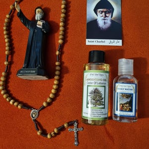 St. Charbel Resin Statue icon 13 cm+ Olive wood rosary cross icon,Anointing oil Cedar of Lebanon oil 100 ml,+Holy water 50 ml+ card
