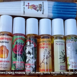 Jerusalem candles+ 6 Anointing oil from Jerusalem fresh scented roll on bottles Rose,Myrrh,Musk,Nard,Jasmin,Ambar+Baptism set