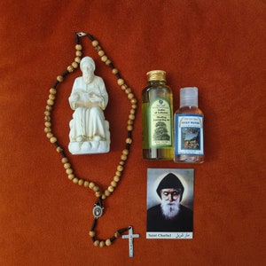 St. Charbel Resin Statue icon 15 cm+ Olive wood rosary cross icon,Anointing oil Cedar of Lebanon oil 100 ml,+Holy water 50 ml+ card