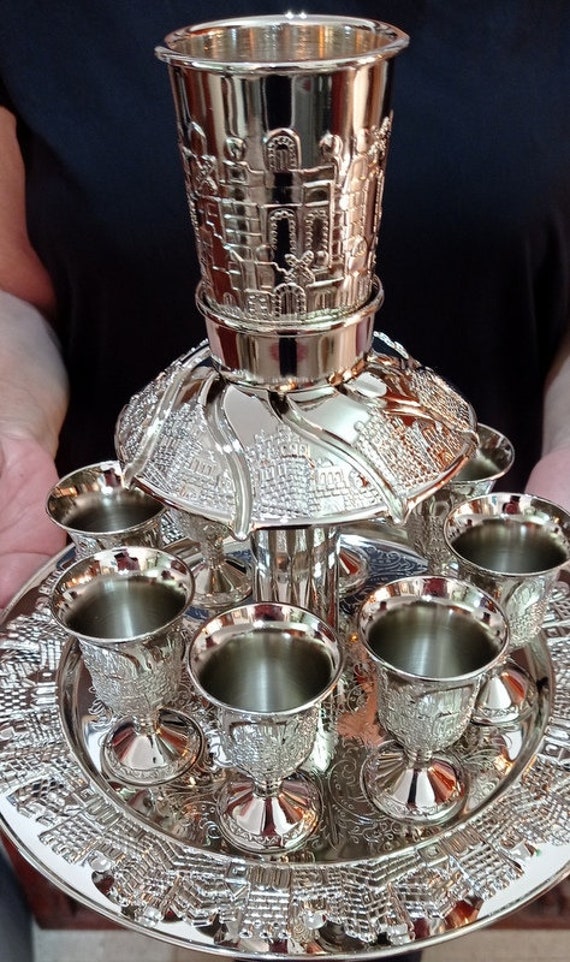 Unique Shabbat Wine Fountain Kiddush & 9 Cups Goblets Silver Tone Coated  Judaica Jerusalem Design 