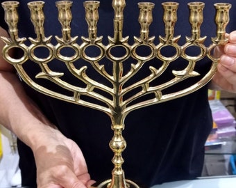 Bougeoir Jérusalem laiton cuivre HANUKKIA MENORAH 20 cm de large + bougies Hanoukka