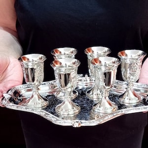 6 Shabbat Kos Kidush Cups Silver tone  Jerusalem decoration and tray set KIDDUSH