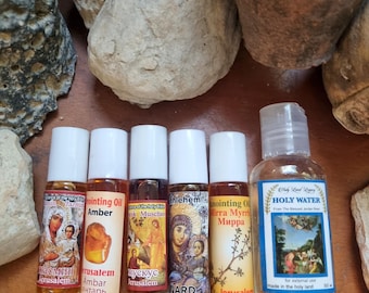 5 Anointing oil from Jerusalem pure  virgin olive oil scented roll on bottles ,Myrrh,Musk,Nard,Jasmin,Ambar +Jordan river holy water 50 ml