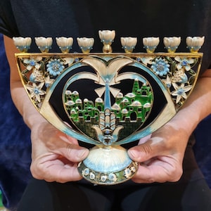 Hanukia Menorah 9 branches Hanukka special enamel heavy Jerusalem design 8 inch high