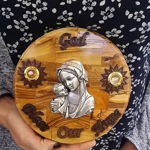 Blessing for home hand curved olive wood plaque wall decor Mother Mary with Jerusalem stones windows Holyland gift