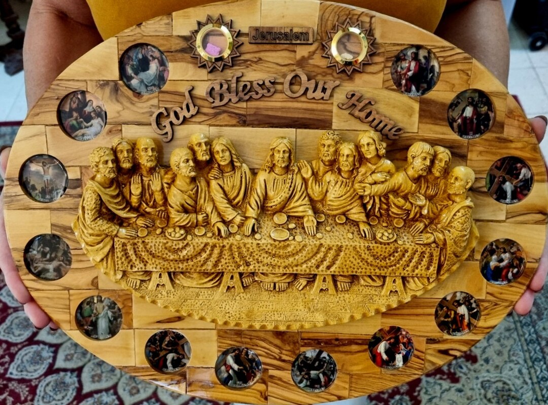XL Last Supper on Olive Wood Plaque With Home Blessings and Jerusalem ...