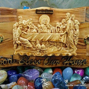 Last Supper on Olive wood plaque with home blessings and Jerusalem stones wall decor