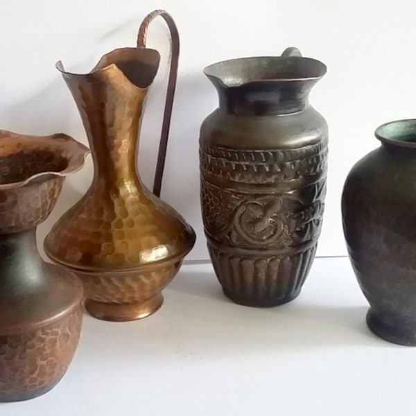 4 Vintage Israeliana ,Israel art copper vase set Hand made metal mini vase set 8 cm high late 50's early 60's