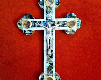 Gran cruz de madera de olivo hecha a mano con nácar 28 cm, 11' pulgadas con ventana de piedra de Jerusalén