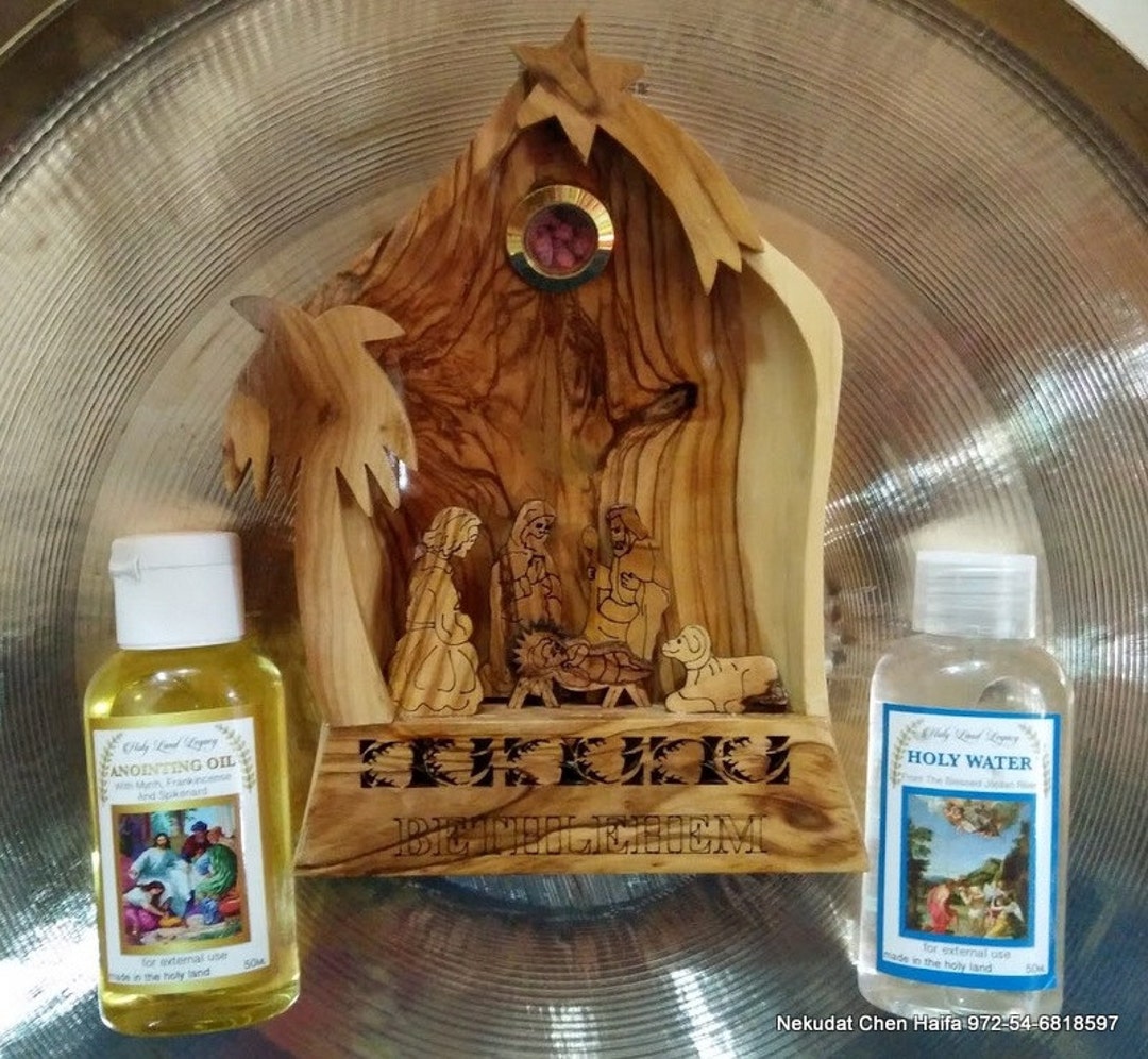 Olive Wood Nativity Scene,anointing Oil Frankincense, Myrrh,spikenard