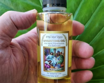 Anointing oil from Jerusalem pure fresh virgin olive oil scented with Frankincense,Myrrh and Spikenard 100 ml,3.38 Oz,Huile d'onction