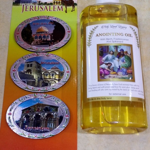 3 Holyland Magnet Set und Salbungsöl Jerusalem natives Olivenöl duftet mit Weihrauch,Myrrh,Spikenard 250ml,8.45 Oz,Huile d'onction