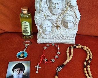 Estatua San Charbel' + óleo Cedro del Líbano 100 ml+pulsera+rosario madera de olivo +tarjeta icono