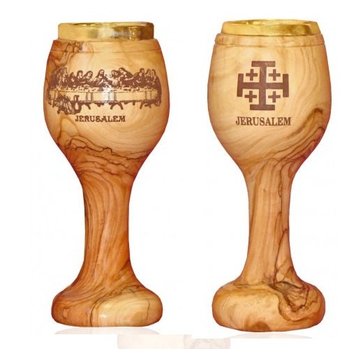 1 grande coupe de communion, le Graal de Jérusalem, en bois d'olivier courbé à la main de 23 cm (9 po.)