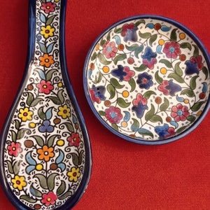 Keramik Holy land ,Israel Armenian style pottery small plates 13 cm + Spoon holder,Spoon rest 24 cm Hebron ceramic