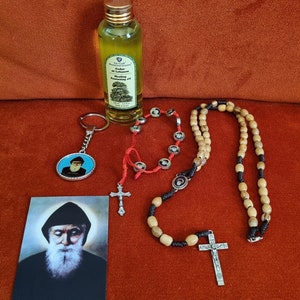 St. Charbel Charbal-armband +Libanon cederolie +olijfhouten eosary+Sleutelhanger+ icoonkaart