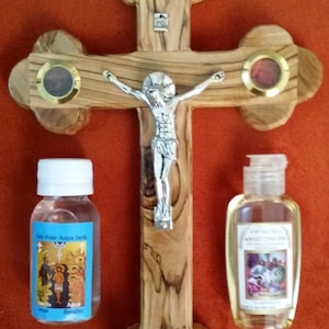 Home blessings Olive wood cross handmade 28 cm,11 inch with Jerusalem stone window Holy water and Anointing oil 50 ml each