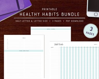 Healthy Habits Bundle | Habit Tracker + Meal Planner + Grocery List + Lined Journal Pages | Printable