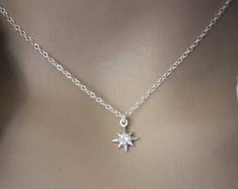 Minimalist sterling silver choker necklace with polar star pendant with cubic zirconia