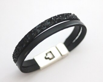 Bracelet Cuir Et Acier Noir Réglable - Style Gothique Rock - Unisexe