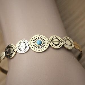 Golden stainless steel bangle bracelet with turquoise