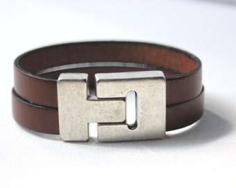 Men's brown leather cuff bracelet silver plated magnetic clasp