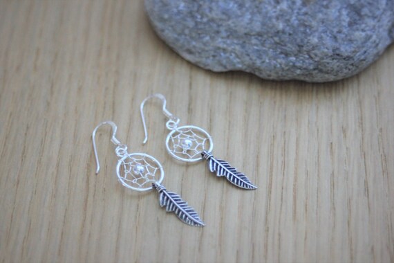 Sterling Silver Bohemia Vintage Dream Catcher Long Feather Drop Earrings