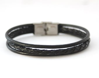 Men&#39;s Bracelet black leather braided leather and stainless steel clasp - men leather bracelet - black leather bracelet