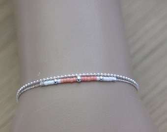 Minimalist multirow Silver sterling bracelet with 2 chains and coral miyuki beads