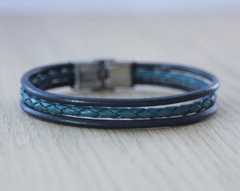 Men's Bracelet blue leather, petrol blue braided leather and stainless steel clasp