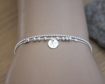 Minimalist multirow Sterling silver double chain bracelet with silver beads and dandelion engraved medal