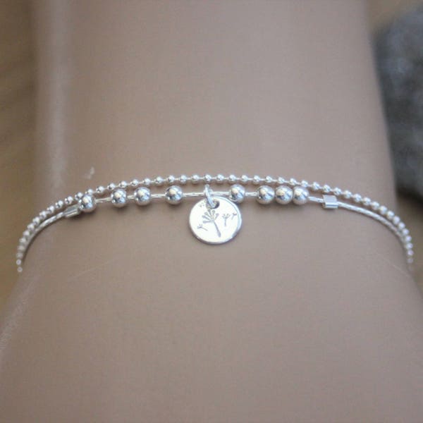 Minimalist multirow Sterling silver double chain bracelet with silver beads and dandelion engraved medal