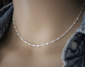 Sterling silver curb chain with flat squares choker necklace