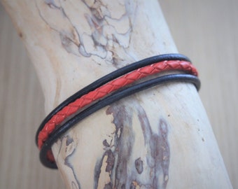 Men's Bracelet black leather, braided red leather and stainless steel clasp