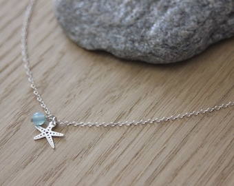 Sterling silver necklace small starfish charm and aqua blue bead