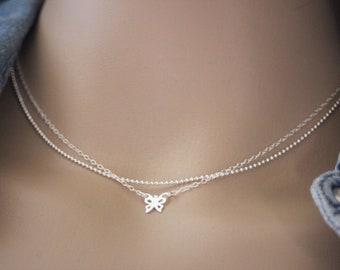 Multirow Sterling silver double chain and small butterfly choker necklace