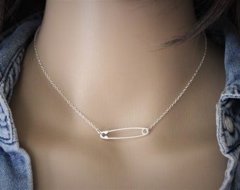 Minimalist Sterling Silver Safety Pin Pendant Choker Necklace