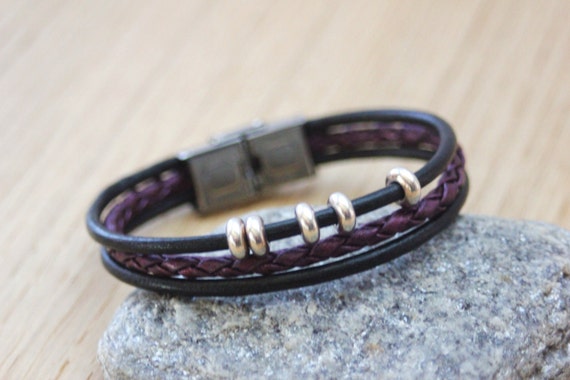 【BLACKPURPLE】25SS★ Eryx Chain Real Leather Bracelet Bracelet Black Leather and Braided Purple Metallic Leather
