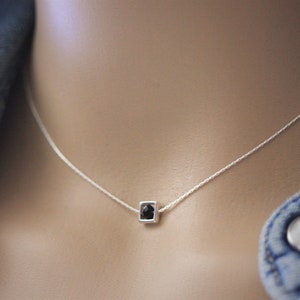 Minimalist Sterling silver pendant square choker necklace with Swarovski crystal black