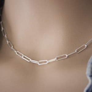 Sterling silver necklace with large rectangle chain links in trombone style