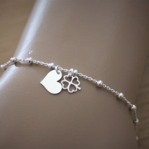 Minimalist Sterling silver bracelet balls chain with 4-leaf clover and heart charms