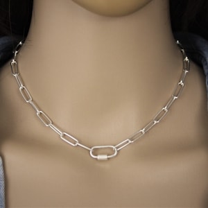 Sterling silver necklace with large rectangular chain links and screw-on carabiner clasp