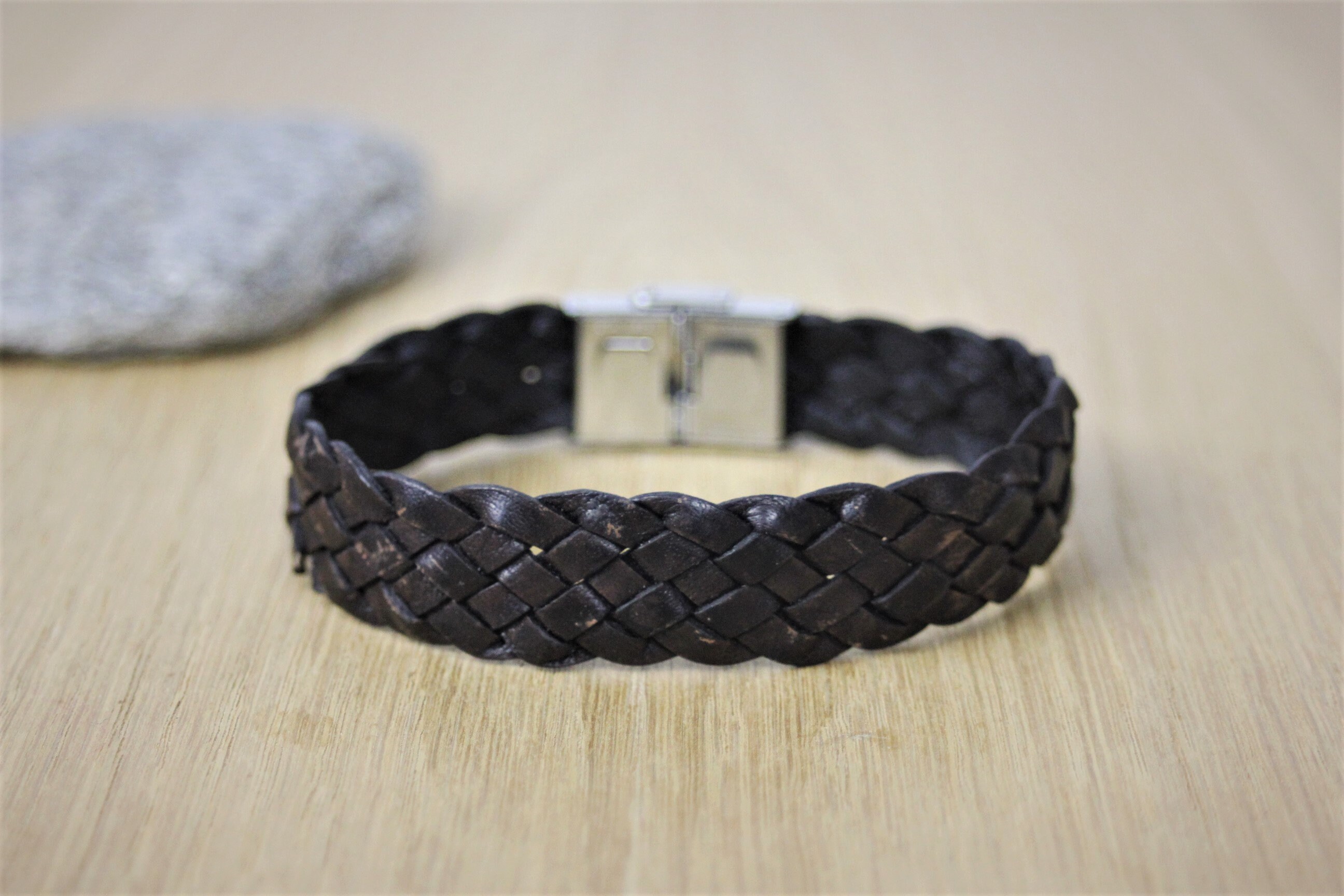 Men's Bracelet brown braided leather and stainless steel clasp