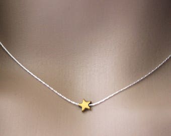 Minimalist Silver sterling choker necklace small golden star hematite