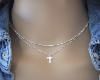 Multirow Sterling silver double chain and small cross choker necklace